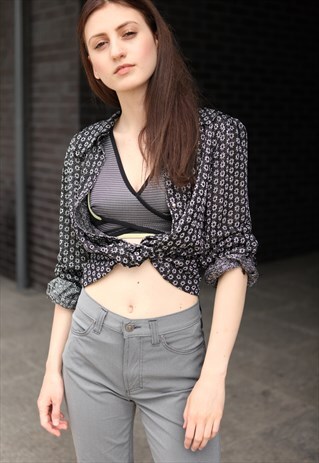VINTAGE 70'S FLORAL PATTERNED SILVER BLACK SHIRT