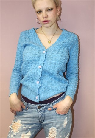 VINTAGE 1960S CUTE BLUE KNIT CASUAL WEAR BOHO CARDIGAN