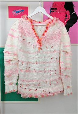 Vintage 80's Handmade Fluffy Hand Knitted Jumper Pink