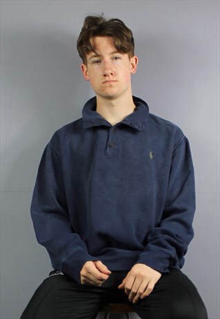VINTAGE POLO RALPH LAUREN BUTTON UP SWEATSHIRT IN NAVY BLUE