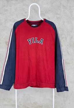 Vintage Fila Sweatshirt Red Blue Embroidered Spell Out Mens 