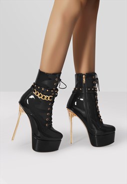 Clrear Stiletto Heel Sexy Platform Lace-up Ankle Boots Black