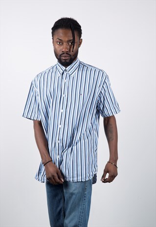 TOMMY HILFIGER VINTAGE 1990S BLUE AND WHITE STRIPED SHIRT