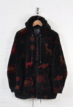 Vintage Hooded Fleece Jacket Wildlife Pattern Red Ladies M