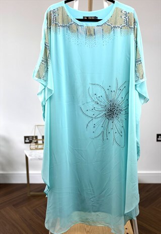 STUD EMBELLISHED FLORAL PATTERN OVERSIZED KAFTAN DRESS IN B