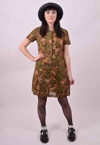 VINTAGE 70'S BROWN GREEN FLOWER PRINT DRESS SIZE 10 12