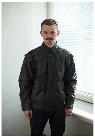 VINTAGE 80'S GREY LEATHER BOMBER JACKET