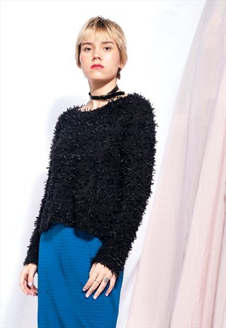 VINTAGE FURRY JUMPER 90S FLUFFY BLACK GRUNGE KNIT SWEATER