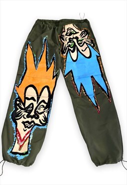 Parachute Pants in Olive with colorful print
