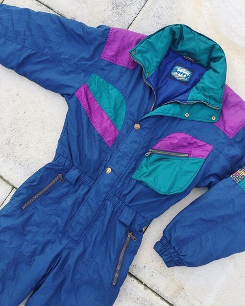 Vintage 80s mens ski suit colourblock dusky blue