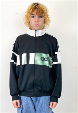 Vintage 80s black and green logo tracksuit top 