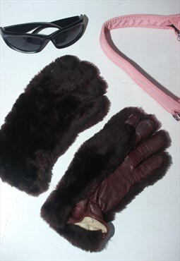 Vintage 1960s Dark Brown Sheepskin Winter Gloves