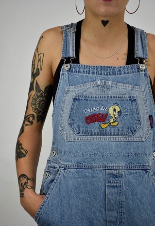 AMAZING 90S TWEETY BIRD LOONEY TUNES SHORT OVERALL DUNGAREES
