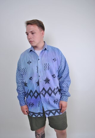ABSTRACT PRINT BLUE RAVE OVERSIZE SHIRT, SIZE L