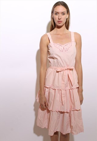 VINTAGE 70S PASTEL PINK TIERED BUTTERFLY SUN DRESS S-M