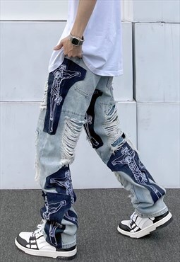 Jesus patch ripped jeans Distressed hip-hop denim overalls