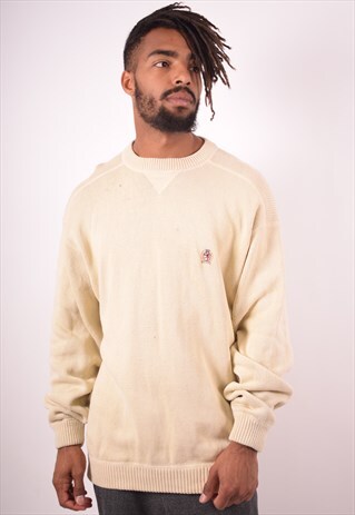 TOMMY HILFIGER MENS VINTAGE JUMPER SWEATER LARGE BEIGE 90S