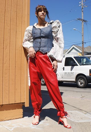 RED LEATHER PANTS WITH UNIQUE PAINTING