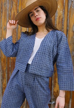 New Handmade Blue & White Print Cropped Bolero Jacket