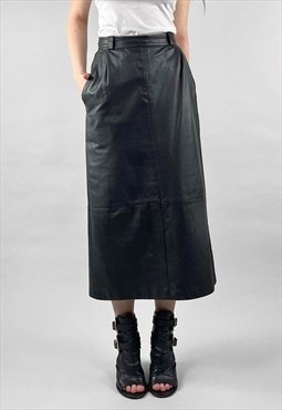 80's Betty Barclay Vintage Black Leather Midi Pencil Skirt
