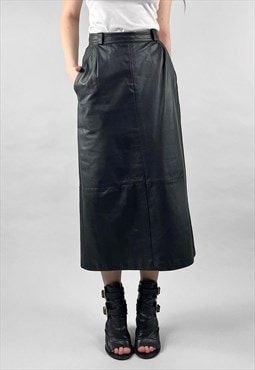 Betty Barclay 80's Black Leather Pencil Midi Skirt