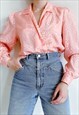 VINTAGE 70S PUFF SLEEVE COLLARED V-NECK SALMON PINK BLOUSE M