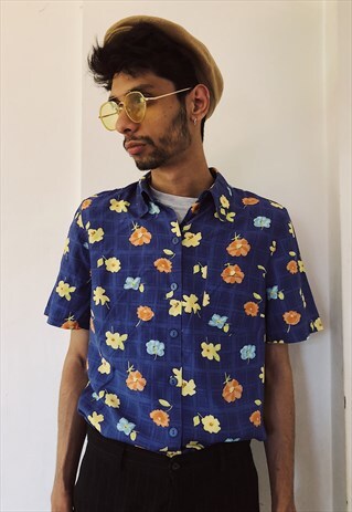 VINTAGE FLOWER PATTERNED NAVY SHIRT