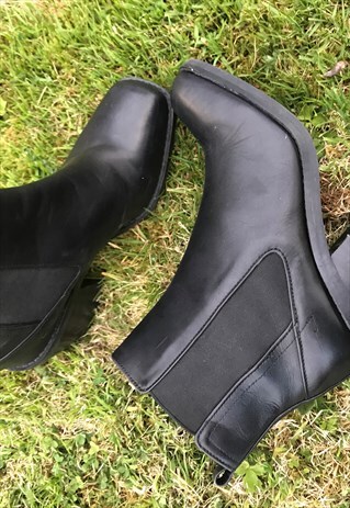 90'S SQUARE TOE LEATHER BLOCK HEEL BOOTS