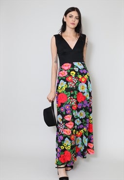 70's Vintage Ladies Dress Black Sleeveless Floral Maxi