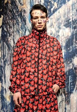 Heart print track jacket handmade love emoji bomber red