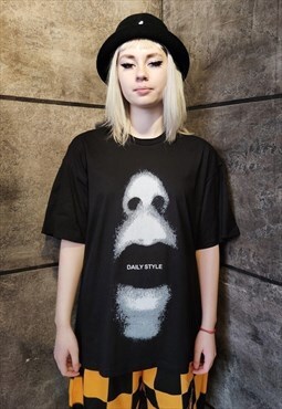 Creepy face gothic t-shirt punk slogan tee 90s top in black