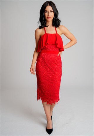 RED BODYCON MIDI DRESS WITH FRILL DETAIL