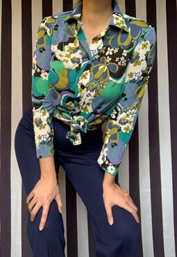 Vintage 70s longline stretch blue and green floral shirt top