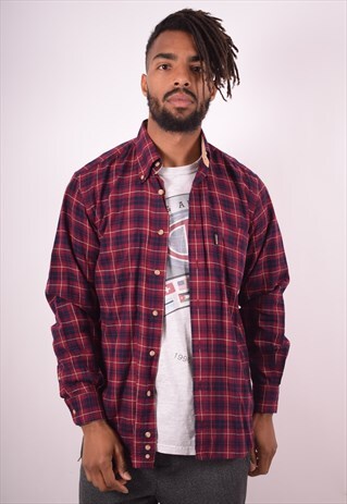 BARBOUR MENS VINTAGE FLANNEL SHIRT MEDIUM MAROON CHECK 90S