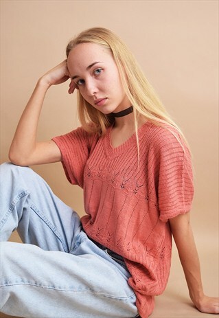 90'S RETRO BOHO PASTEL KNITTED TOP BLOUSE IN CROCHET