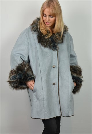 PREMIUM VINTAGE 90S OVERSIZED BLUE FAUX FUR COLLAR COAT