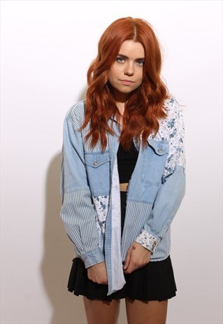 VINTAGE 1990'S 90'S DENIM FLORAL PATCHWORK BUTTON DOWN M-L