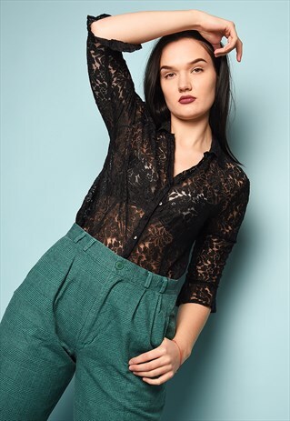 VINTAGE 90S FLARE SLEEVE SHEER LACE SHIRT GUIPURE BLOUSE TOP