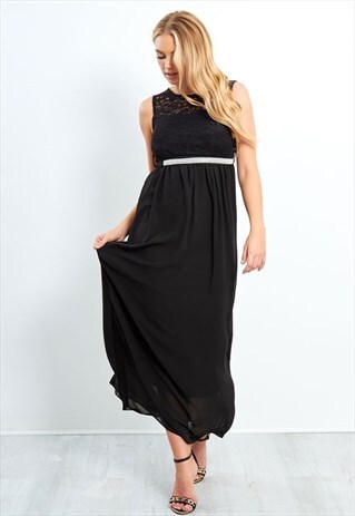 BLACK LACE DETAIL DIAMANTE BELT MAXI DRESS
