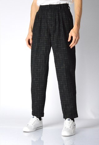 VINTAGE 80S BLACK STRIPED CHECK WOOL BLEND PANTS