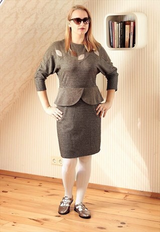 BROWN AND BLACK CHECKED KNITTED PEPLUM DRESS