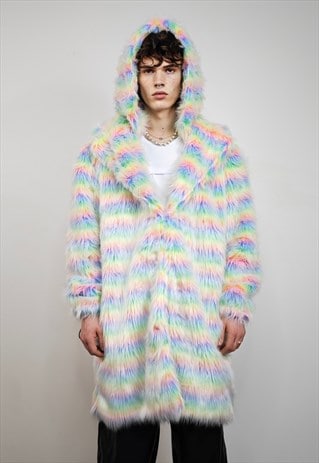 HOODED RAINBOW FUR COAT STRIPED FESTIVAL TRENCH PASTEL PINK