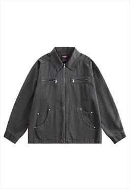 Utility denim jacket grunge jean bomber big pocket coat grey