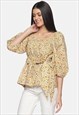 IS.U FLORAL PUFF SLEEVE BELTED TOP