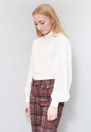 VINTAGE 1980'S ACKERMAN CREAM COTTON EMBROIDERED TOP