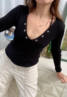Vintage Y2k 00s Sexy solid black v-neck ribbed blouse top 