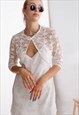 VINTAGE 3/4 SLEEVE FLORAL LACE SHRUG CROP TOP IN WHITE XS