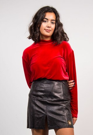 VINTAGE 90'S RED HIGH NECK LONG SLEEVE VELVET TOP