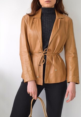 VINTAGE 90S 00S Y2K TAN LEATHER BELTED BLAZER JACKET