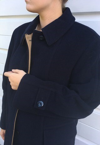 WOMENS VINTAGE NAVY BLUE MIDI LOOSE SWAGGER COAT JACKET
